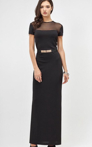 Jewel Neck Short Sleeve Sheath Jersey Ankle Length Dress With Beading Belt