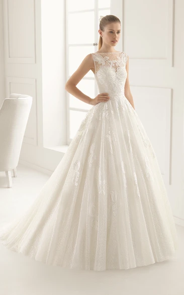 Illusion Back Bateau-Neck Dress With Lace Appliques