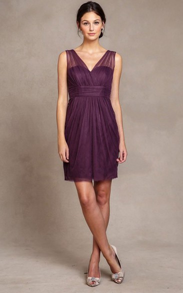 Short V-Neck Sleeveless Tulle Bridesmaid Dress With Ruching And V Back