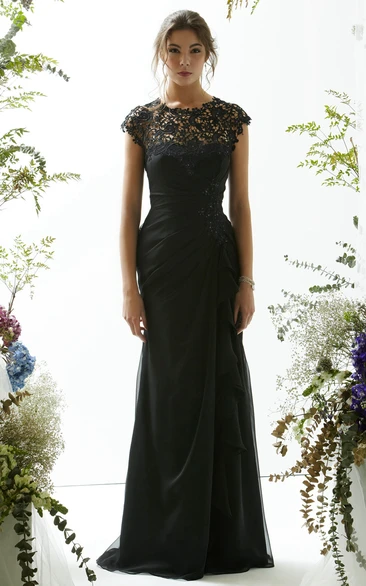 Sheath Long Lace Jewel Cap-Sleeve Chiffon Prom Dress With Beading And Draping