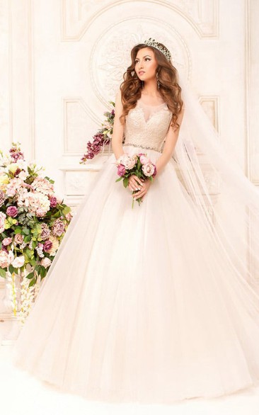 Ball Gown Long Scoop Sleeveless Illusion Tulle Lace Dress With Appliques And Waist Jewellery