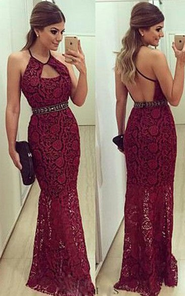 Newest Lace Mermaid Halter Prom Dress Sleeveless Floor-length