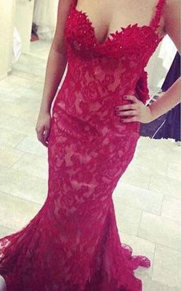 Gorgeous Red Lace Mermaid Evening Dress Bowknot Straps