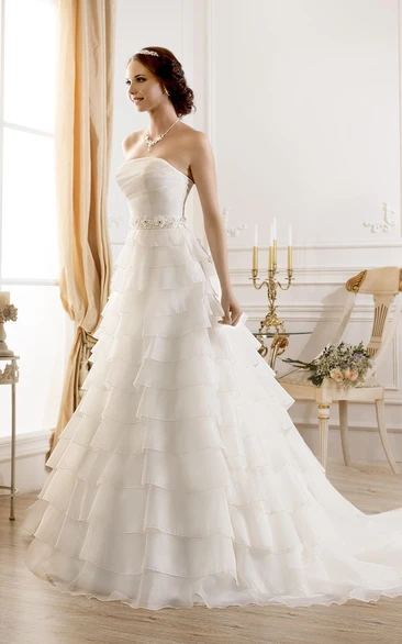 A-Line Long Strapless Sleeveless Lace-Up Organza Dress With Tiers And Flower