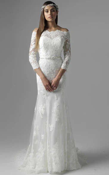 Floor-Length Jeweled Off-The-Shoulder 3-4 Sleeve Lace Wedding Dress