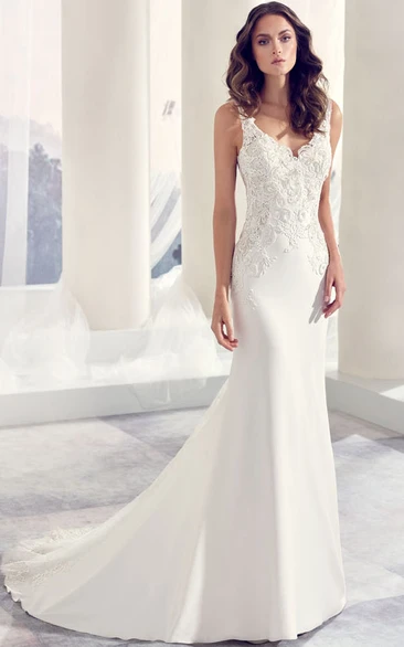 V-Neck Floor-Length Appliqued Chiffon Wedding Dress With Court Train And V Back