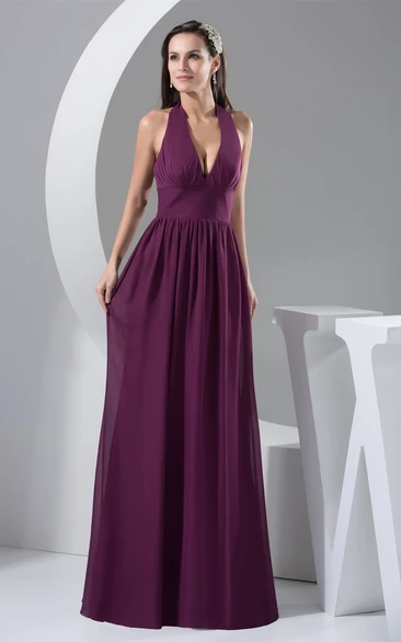 Plunged Chiffon Sheath Backless Dress With Pleats