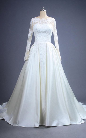 Long Sleeve Lace and Satin A-Line Bridal Dress With Low-V Back