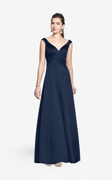 Simple V-neckline Floor-length Satin Dress With Cap Sleeves