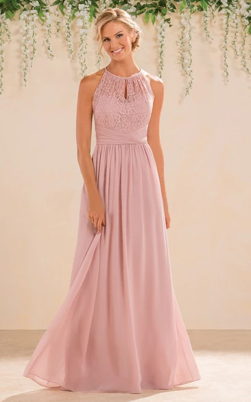 High-Neck A-Line Bridesmaid Dress With Lace Detail And Keyhole Back