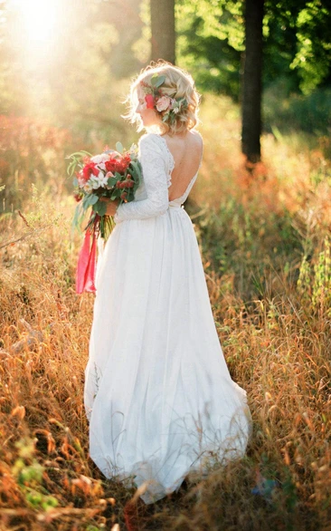 Long Sleeve Lace and Chiffon Dress With Bateau Neck