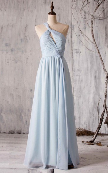 One Shoudler Pleated A-line Chiffon Long Dress Front Split