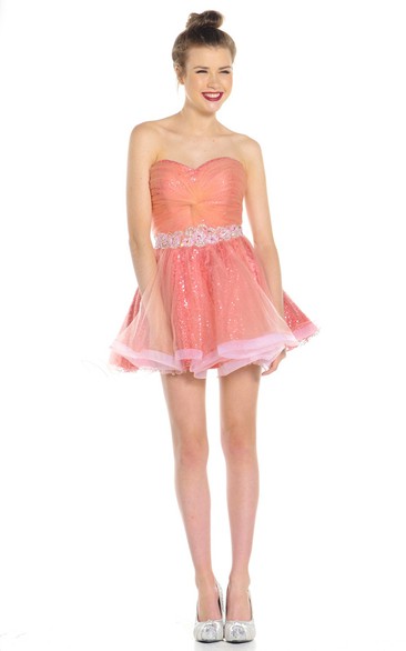 A Line Sweetheart Ruched Sleeveless Short Mini Sequins&Tulle Prom Dress With Waist Jewellery