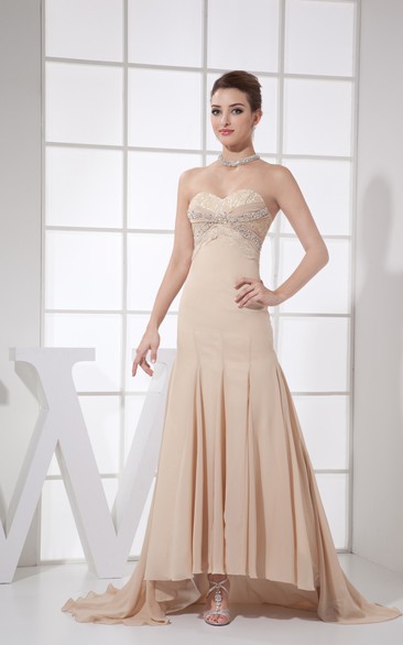 Strapless Beaded Chiffon Long Dress With Brush Train