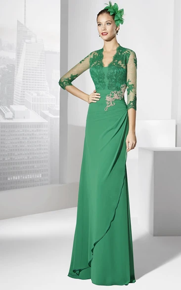 Sheath V-Neck Floor-Length Appliqued Half-Sleeve Jersey Prom Dress