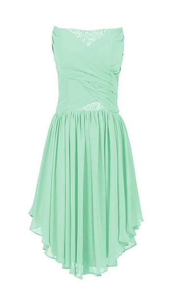 Asymmetrical Strapless Ruched Short Dress With Lace Appliques