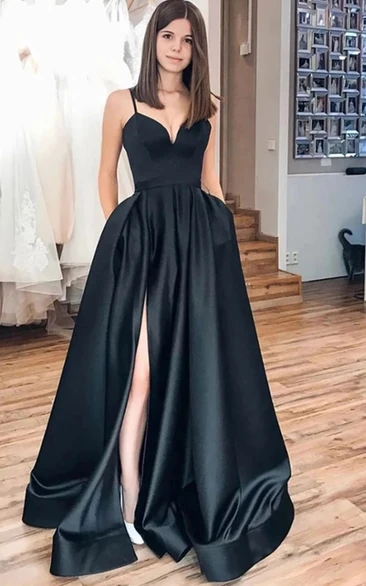 Satin Floor-length Sweep Train A Line Sleeveless Informal Evening Dress with Split Front