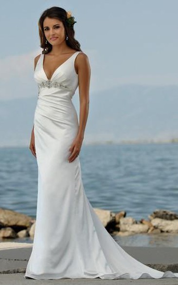 Sexy V Neck sheath Sweep Train Beaded Beach Wedding Dresses