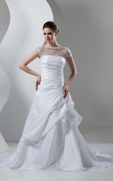 Caped-Sleeve A-Line Pick-Up Illusion Neckline and Gown With Ruching