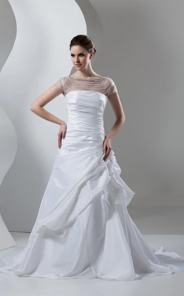 Caped-Sleeve A-Line Pick-Up Illusion Neckline and Gown With Ruching