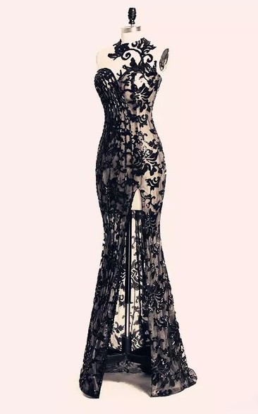 Floor-length Sleeveless Open Back Bateau Lace Sexy Modern Bodycon Zipper Lace Evening Dress 