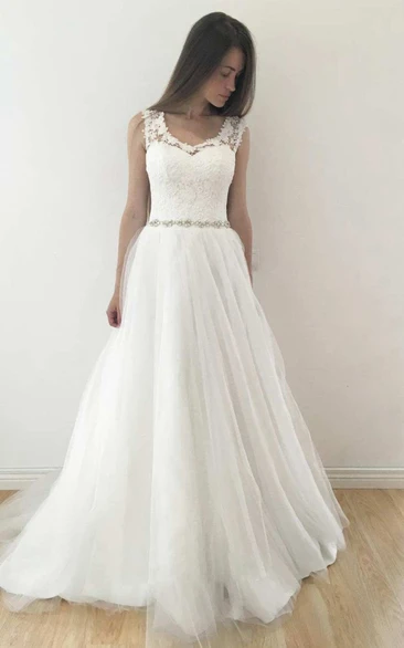 V-Neck Sleeveless A-Line Tulle Pleated Wedding Dress With Keyhole And Beaded Waist