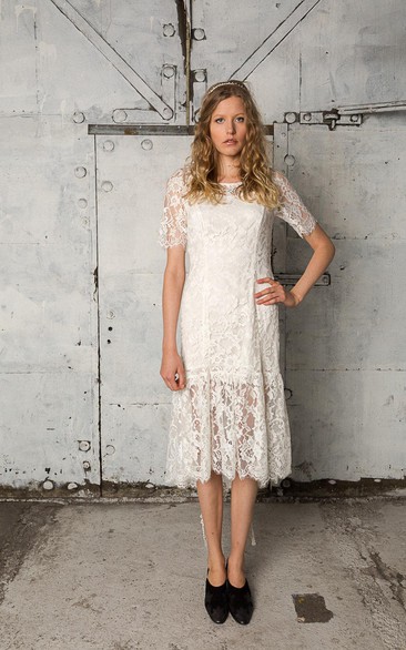 Short Lace Illusion Sleeve Sheath Knee Length Lace Dress