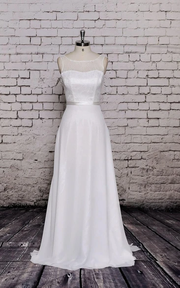 Bateau Neck Chiffon Sleeveless A-Line Dress With Lace Bodice and Satin Waistbelt