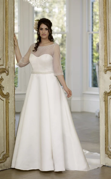 A-Line Floor-Length Scoop Neck Half Sleeve Illusion Satin Court Train Low-V Back Beading Dress