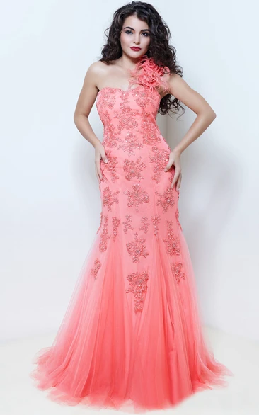 Mermaid Floor-Length One-Shoulder Sleeveless Tulle Beading Appliques Zipper Dress