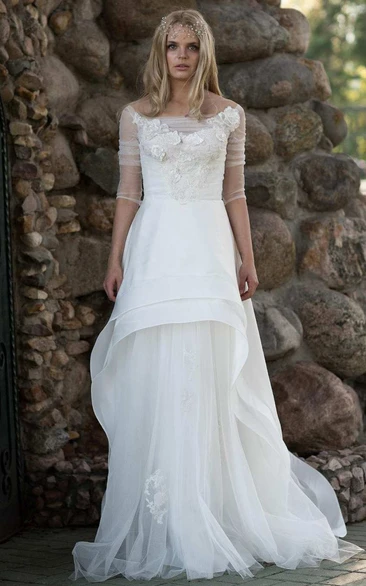 Chiffon Tulle Lace Button Back Wedding Dress