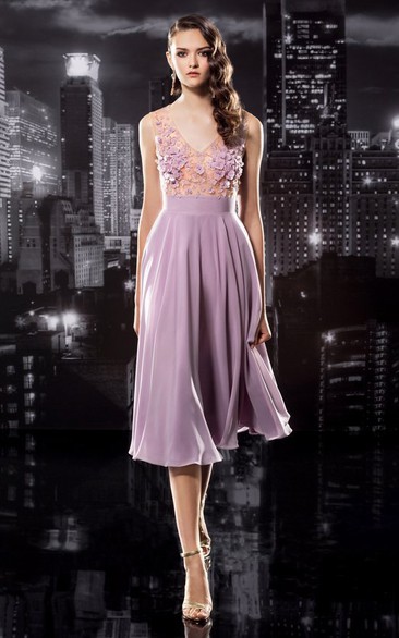 A-Line Tea-Length V-Neck Sleeveless Jersey Keyhole Dress With Appliques