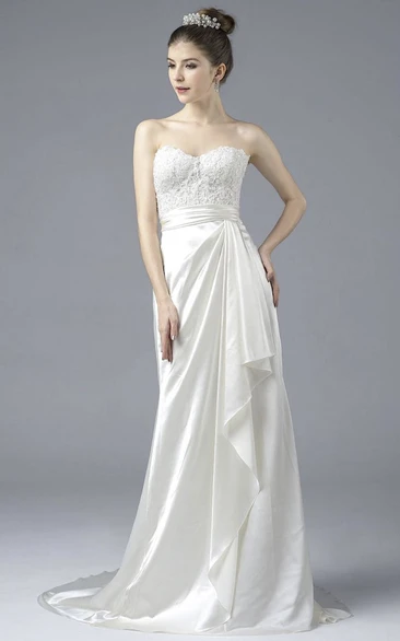 Satin Sweetheart Lace Appliqued Elegant Open Back Gown With Draping And Buttons