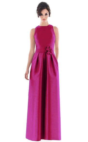 Satin Sleeveless High-Neck Impressive Gown With Flower