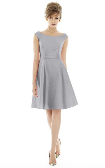 Graceful A-Line Bateau Satin Dress with Waistband and Pleats