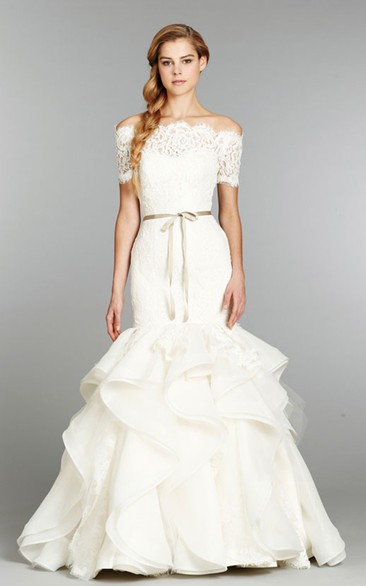 Delicate Lace Organza Gown With Detachable Off the Shoulder Bolero