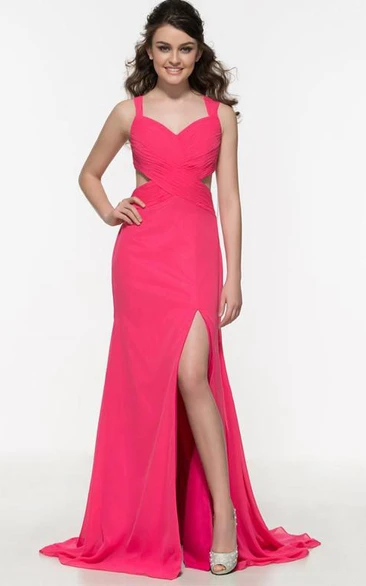 Pleats Hollow Split-Front Criss-Cross Straps Prom Dress