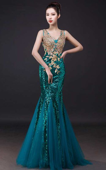 Sleeveless V Neck Sequined Long Tulle Dress