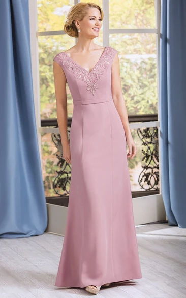 V-Neck Cap-Sleeved Long Mother Of The Bride Dress With Appliques And Jewels