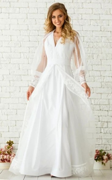 Modern A Line Tulle Floor-length Long Sleeve Zipper Wedding Dress with Ruching