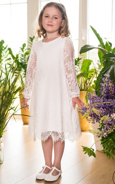 Elegant Bateau A Line Lace Tea-length Long Sleeve Flowergirl Dress 