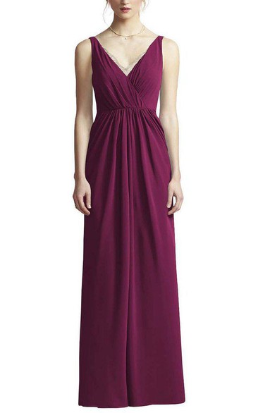 Strapped V-neck Ruched Long Bridesmaid Dress