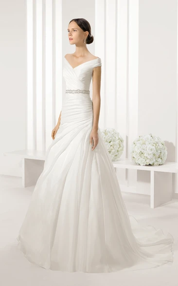 Asymmetrical Shoulder Off Gown With Beaded Sash