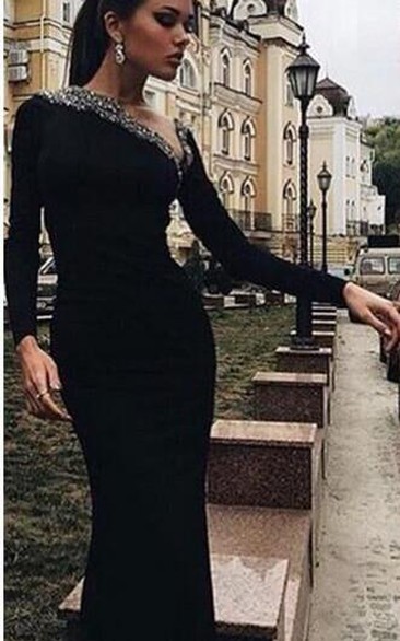 Modern Mermaid Black Crystals Prom Dress Long Sleeve