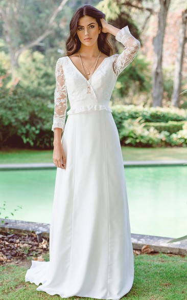 Bohemian 3/4 Length Sleeve Floor-length Chiffon A Line Wedding Dress with Appliques