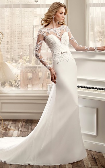 Long-Sleeve Sheath Wedding Dress With Brush Train And Back Draping