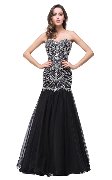 Glamorous Crystals Black Mermaid Prom Dress Sweetheart Sleeveless Zipper