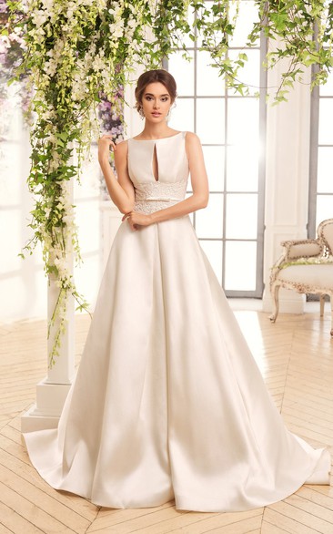 A-Line Floor-Length Bateau Sleeveless Keyhole Satin Dress