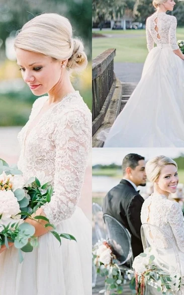 3 4 Long Sleeve Open Back Vintage Lace Pearls V-Neck Wedding Dresses 