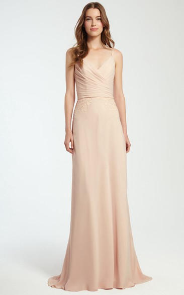 Spaghetti Sleeveless Ruched Chiffon Bridesmaid Dress With Appliques